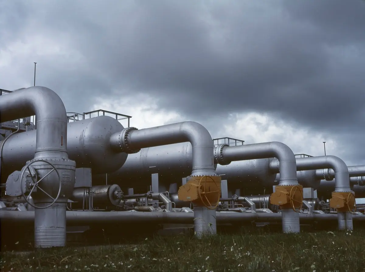 Pipework, valves and pressure vessels at a gas processing plant