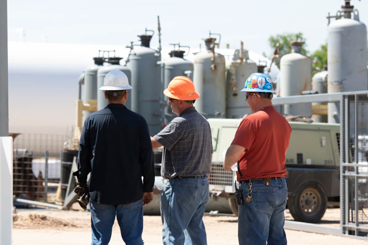 Three workers in hard hats reviewing equipment at a gas processing facility